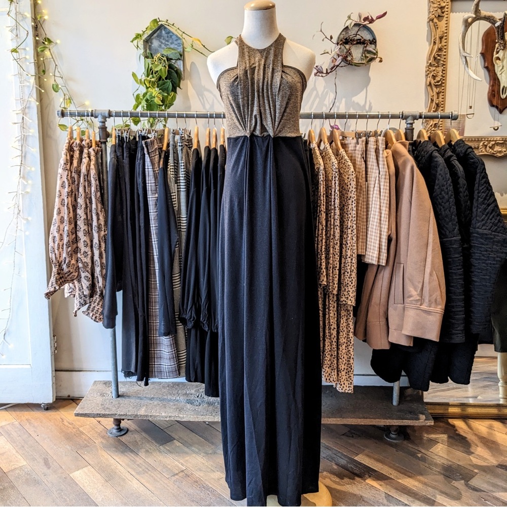 NWT Hericher Beverly Maxi Knit Dress in Shimmery Brown Gold / Black Size Medium
